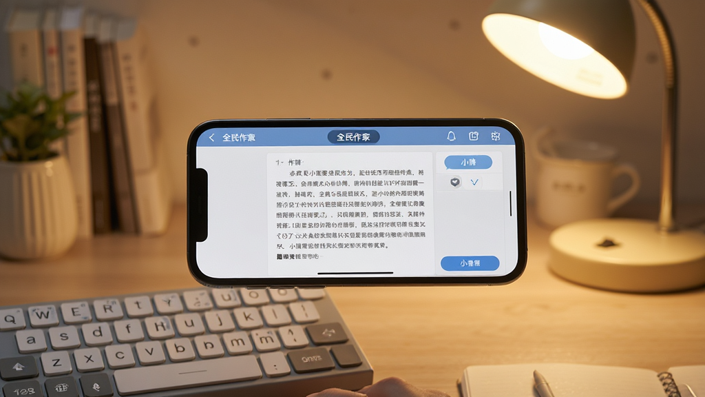 全民作家移动端写作场景,手机横屏显示小说编辑界面,旁边有键盘与台灯,整体氛围安静舒适,风格写实温暖,画质高清,画面干净无杂乱元素