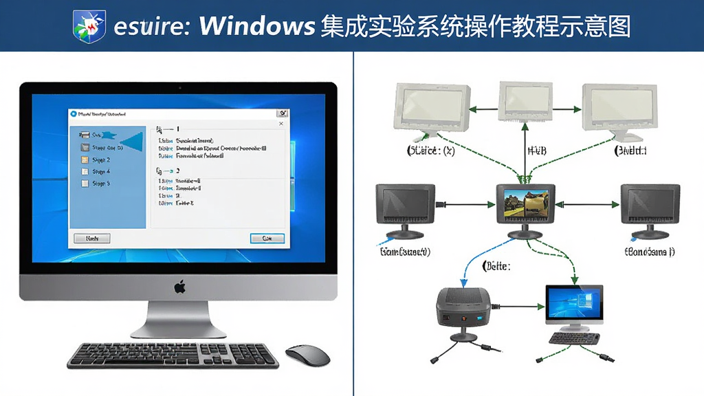 Objective for Windows集成实验系统操作教程示意图,画面展示电脑屏幕上软件安装向导界面与设备连接示意图,布局为左右分栏,左侧为安装步骤列表,右侧为设备连接拓扑,风格为教程说明图,细节包括步骤编号、连接线、提示标签,画质高清,干净,无多余元素