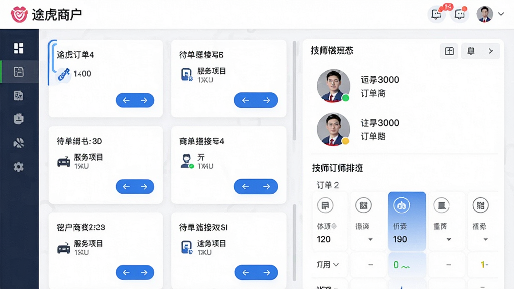 ���������ǡ�;���̻���Ӧ���ڵĹ����������棬չʾ������Ӷ�����Ƭ�ͼ�ʦ�Ű��������Ϊ��ඩ���б����Ҳ༼ʦͷ����״̬���Ű����룬��Ƭʽ��ơ����Ϊ������磬������ɫ��ϸ�ڰ���������š�������Ŀͼ�ꡢ�ӵ���ť�����ʸ��壬�ɾ����޶���Ԫ�ء�