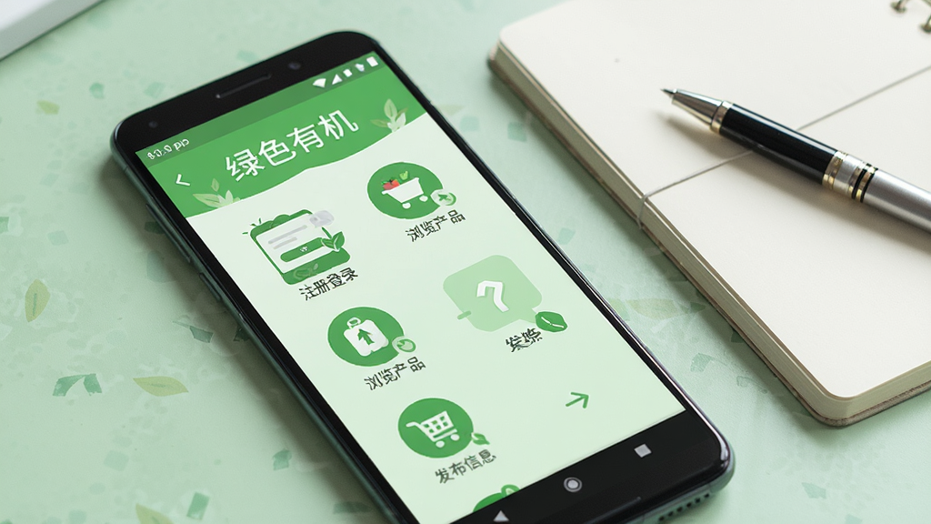 一部安卓手机屏幕上显示绿色有机App的新手引导页面,页面有注册登录、浏览产品、发布信息等步骤图标,背景是干净的浅绿色桌面,手机旁有一本笔记本和一支笔,风格清新实用,细节清晰,画质干净,画面中自然出现“绿色有机”文字