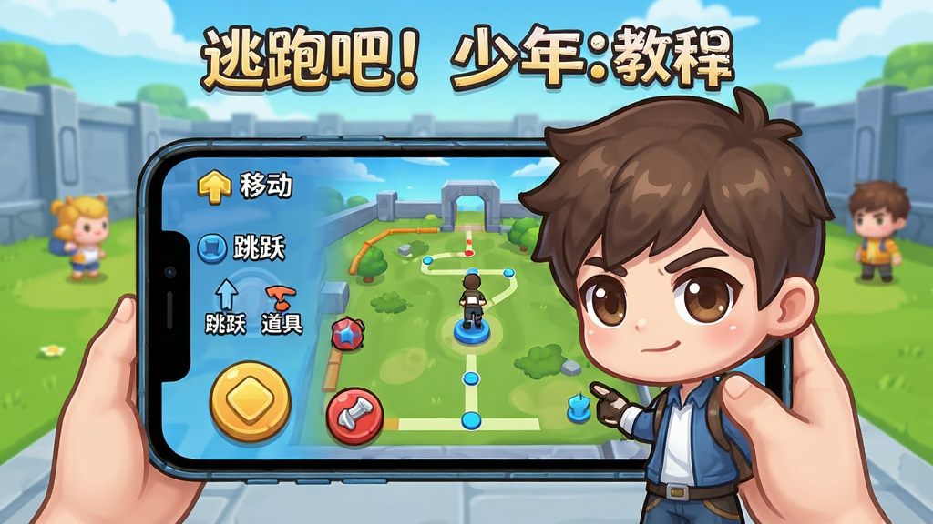 一张展示逃跑吧!少年新手教程界面的图片,画面中一位Q版角色正在操作手机,屏幕中显示游戏操作按钮和地图指引,旁边有文字标注“移动”“跳跃”“道具”等提示,背景为明亮的训练场场景,风格为卡通教学插图,布局清晰,细节丰富,画质高清,干净无多余元素