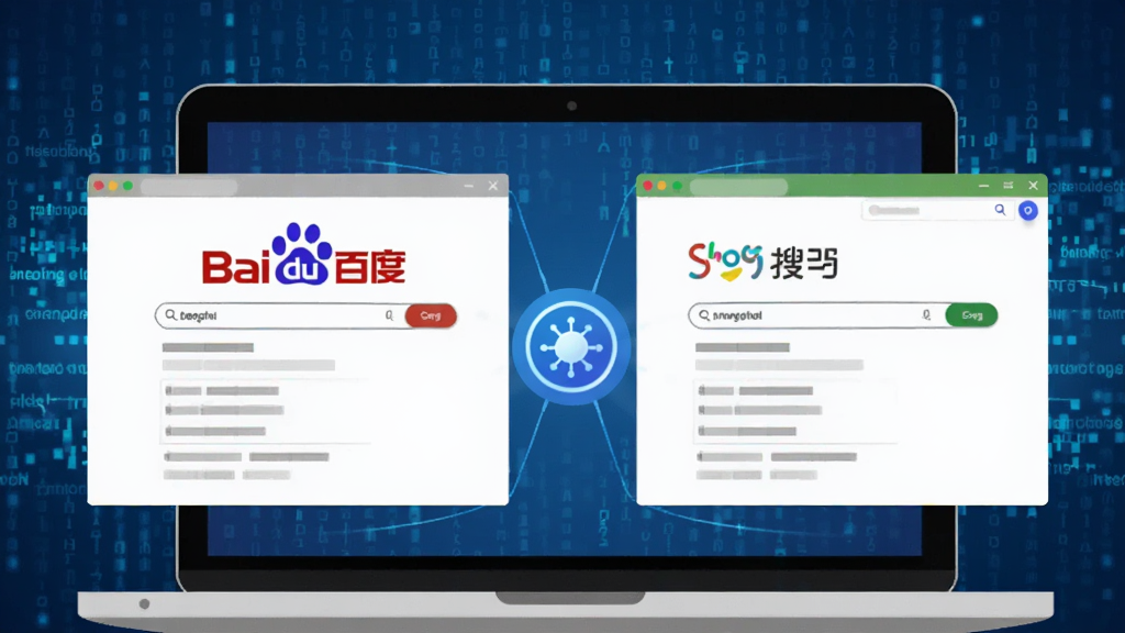一幅描绘百狗双搜索引擎双引擎同步检索功能的示意图,画面中一台笔记本电脑屏幕上同时显示两个并排的搜索结果页面,左侧带有百度标识,右侧带有搜狗标识,中间有一个发光的连接符号表示同步,背景为科技感十足的蓝色数据流,风格扁平化,细节清晰,画质干净,无多余元素