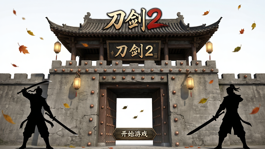 刀剑2游戏登录界面全景展示,主体为一座古朴的中国传统武侠风格城门楼,门楼上方悬挂“刀剑2”匾额,城门两侧站立着持刀与持剑的侠客剪影,布局采用中心对称构图,排版上方为游戏Logo,下方为开始游戏按钮,风格为写实武侠风,细节包括城门上的铜钉、灯笼、飘落的树叶,画质为4K超高清,干净整洁,无多余元素