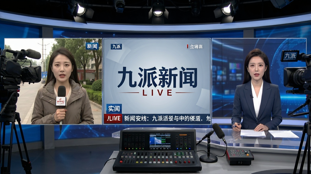 主体为新闻直播间场景,中央是“九派新闻”直播画面,布局采用双屏互动形式,左侧为记者现场连线,右侧为演播室主持人,排版突出新闻标题与实时字幕,风格真实专业,细节包括摄像机、麦克风、导播台等元素,画质高清,干净,无多余元素