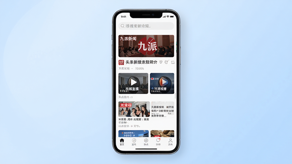 主体为一部智能手机,屏幕上显示“九派新闻”APP首页界面,布局清晰展示头条新闻、视频直播、热点推荐等板块,排版采用现代资讯类应用风格,背景为浅蓝色渐变,风格简洁商务,细节包括顶部搜索栏、底部导航栏图标,画质高清,干净,无多余元素