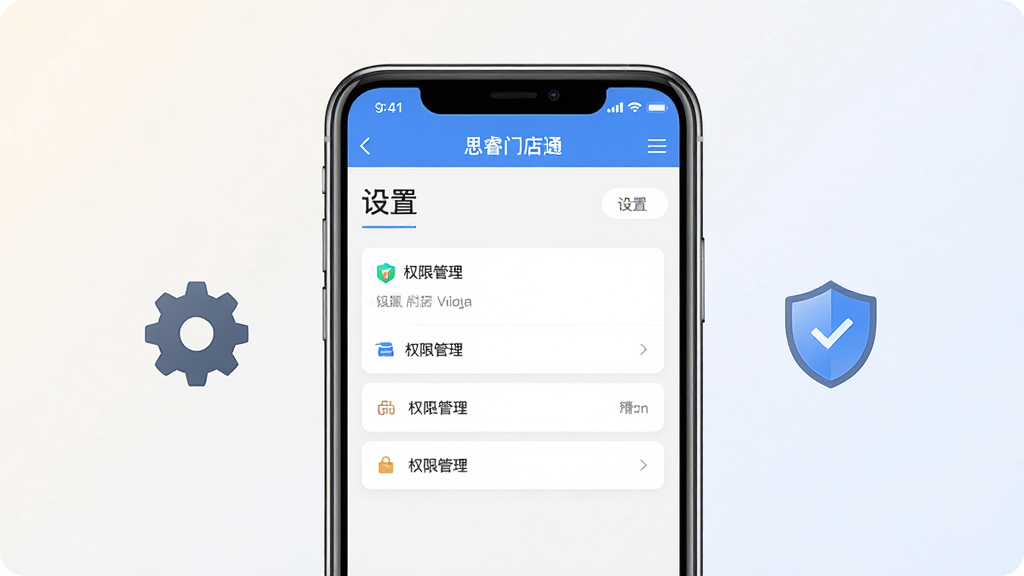 一张展示手机端门店管理操作步骤的示意图,画面中央为手机屏幕,屏幕内显示“思睿门店通”设置页面和权限管理选项,旁边有齿轮图标和盾牌图标,背景为浅色渐变,布局清晰,风格简洁现代,细节干净,画质高清,无多余元素