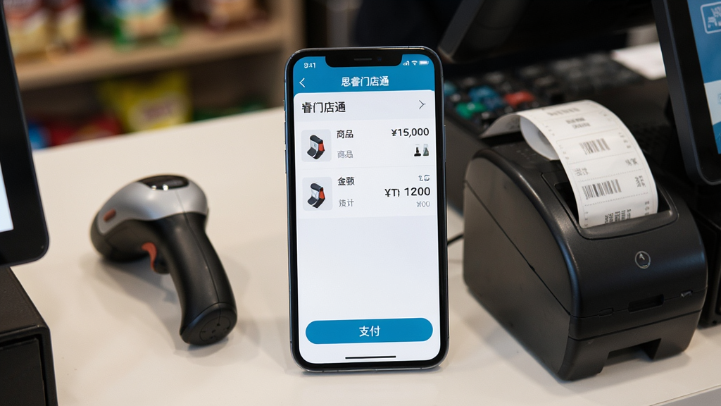 一张展示移动收银操作场景的图片,画面中央为一部手机,屏幕内显示“思睿门店通”收银结算页面,包含商品清单、金额合计和支付按钮,背景为门店柜台的一角,有扫码枪和小票打印机,布局自然,风格写实,细节清晰,画质高清,无多余元素
