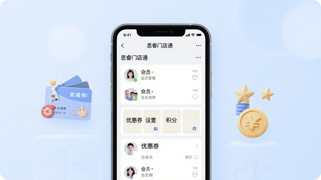 一张展示会员管理与营销功能的界面图,画面中央为手机屏幕,屏幕内显示“思睿门店通”会员列表和优惠券设置页面,旁边有会员卡图标和积分符号,背景为柔和的浅蓝色调,布局清晰,风格现代简约,细节干净,画质高清,无多余元素