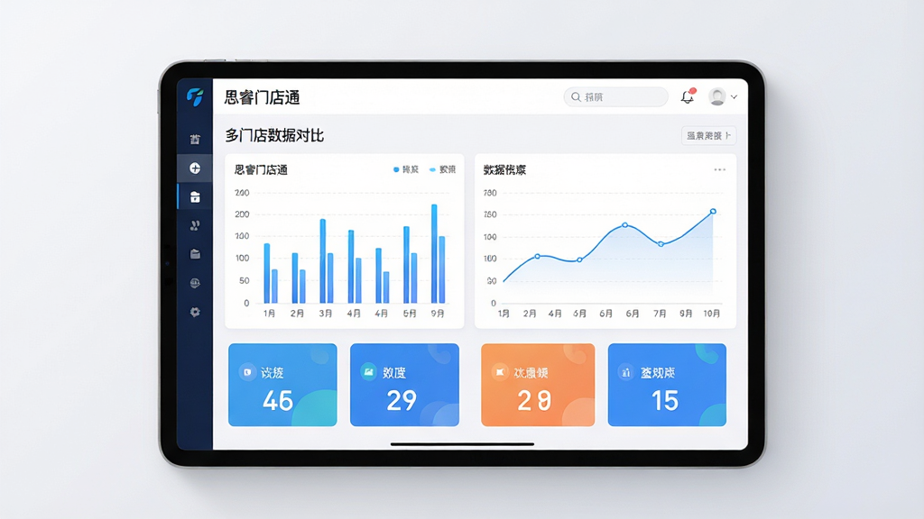 一张展示多门店数据看板的界面示意图,画面中央为平板或手机屏幕,屏幕内呈现“思睿门店通”多门店数据对比图表,包含柱状图、折线图和数字卡片,背景为干净的浅灰渐变,布局规整,风格简洁科技感,细节清晰,画质高清,无多余元素