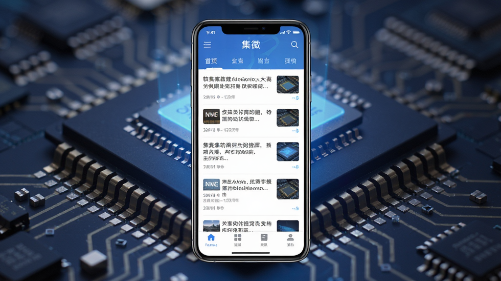 软件集微的官方主界面全貌展示,主体为手机屏幕正视图,屏幕上显示集微应用首页,包含顶部导航栏、滚动新闻列表和底部功能菜单,布局清晰,排版整齐,风格为现代科技感扁平化设计,细节上带有半导体芯片纹理背景,画质高清,干净,无多余元素