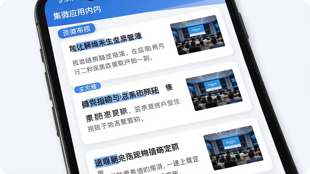 集微应用内的资讯聚合界面,主体为手机屏幕,屏幕上展示多条新闻卡片,卡片包含标题、摘要和缩略图,布局为纵向列表,风格简洁商务,细节上带有蓝色强调色和分类标签,画质清晰,干净,无多余元素