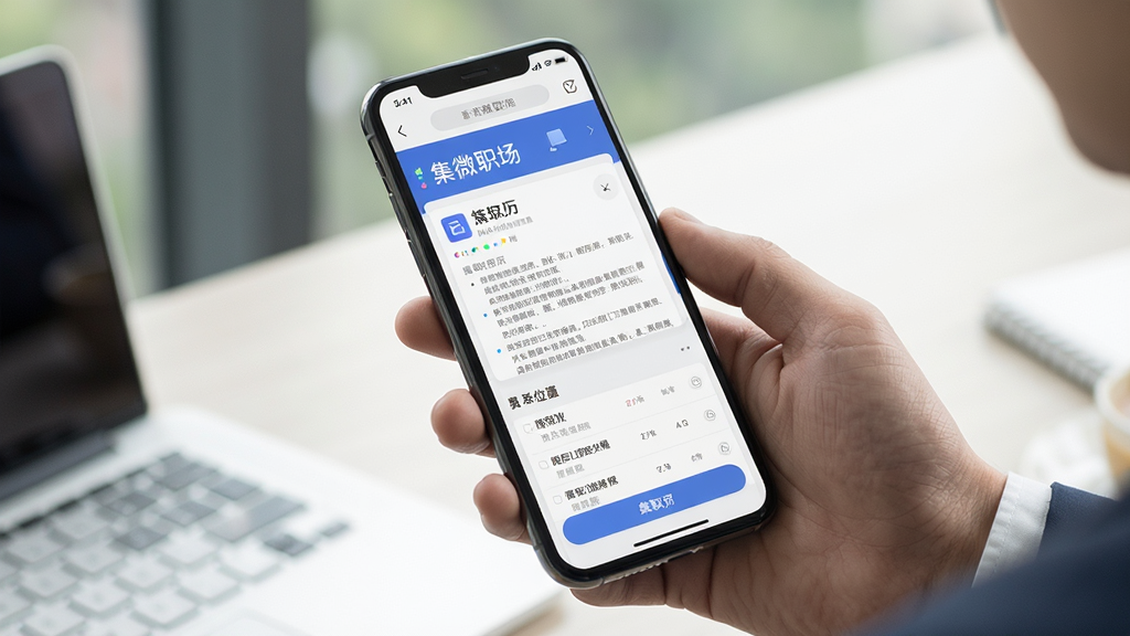 用户手持手机使用集微应用的场景图,主体为手机屏幕显示集微职场页面,布局为人物手部与手机特写,风格生活化商务,细节上带有简历和职位列表元素,画质清晰,干净,无多余元素