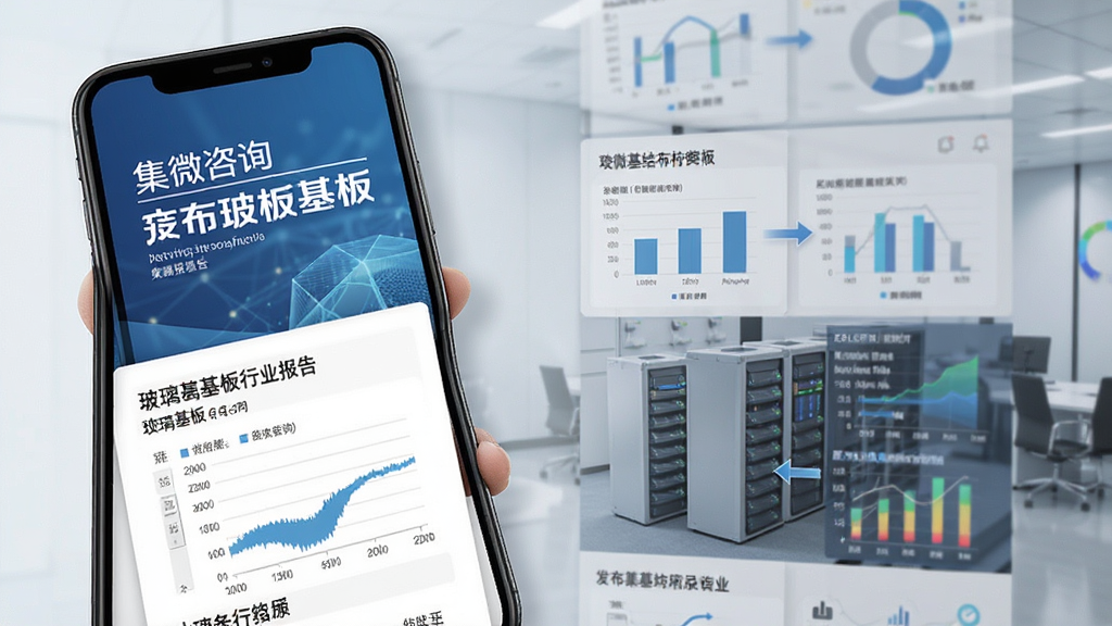 集微咨询发布玻璃基板行业报告的手机界面展示,主体为手机屏幕,屏幕上显示报告封面和目录结构,布局为上下滑动式,风格专业严谨,细节上带有图表和数据可视化元素,画质高清,干净,无多余元素