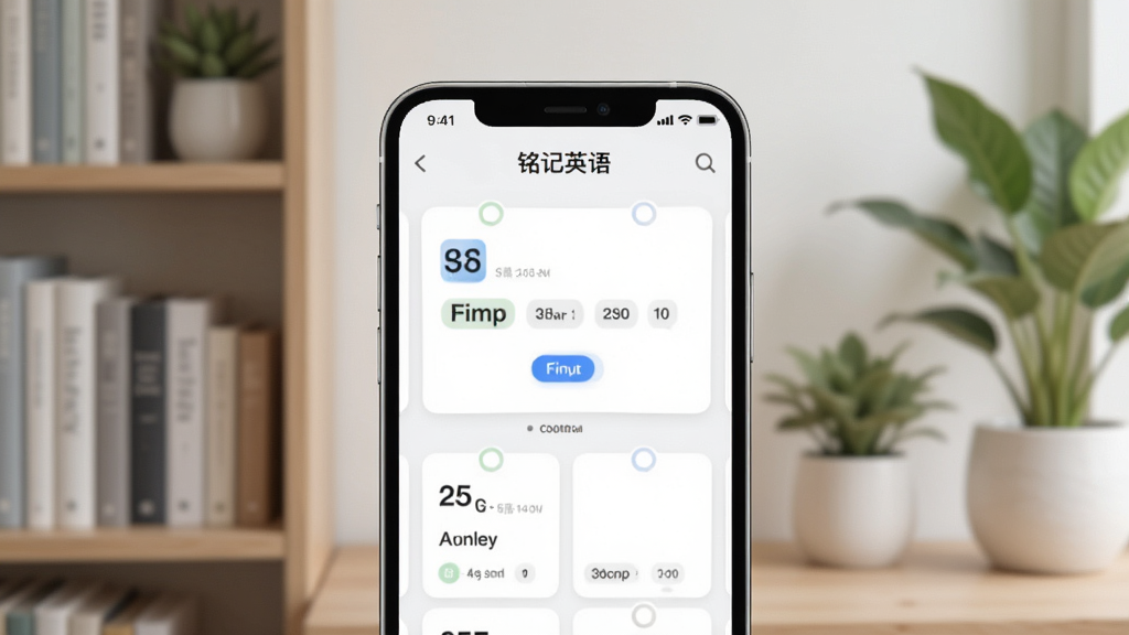 一张展示“铭记英语”APP主界面的手机样机图,画面中央是一部现代智能手机,屏幕显示APP的单词卡片学习页面,背景为柔和的书房环境,有书架和绿植点缀,风格清新简约,细节丰富,画质清晰干净,无多余元素