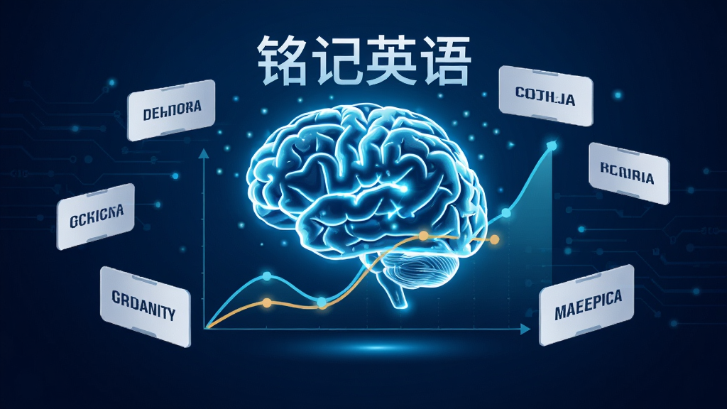 一张表现“铭记英语”智能记忆算法的概念插图,画面中心是发光的数字大脑与曲线图,周围环绕着漂浮的英文单词卡片,背景为深蓝色科技感渐变,风格现代简洁,细节清晰,画质干净,无多余元素