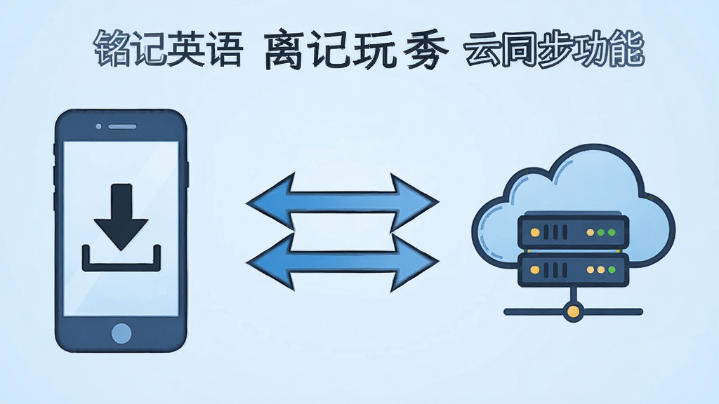 一张表现“铭记英语”离线学习与云同步功能的示意图,画面左侧是手机图标带有下载箭头,右侧是云端服务器图标,中间有双向同步箭头,背景为浅蓝色渐变,风格科技简洁,细节清晰,画质干净,无多余元素
