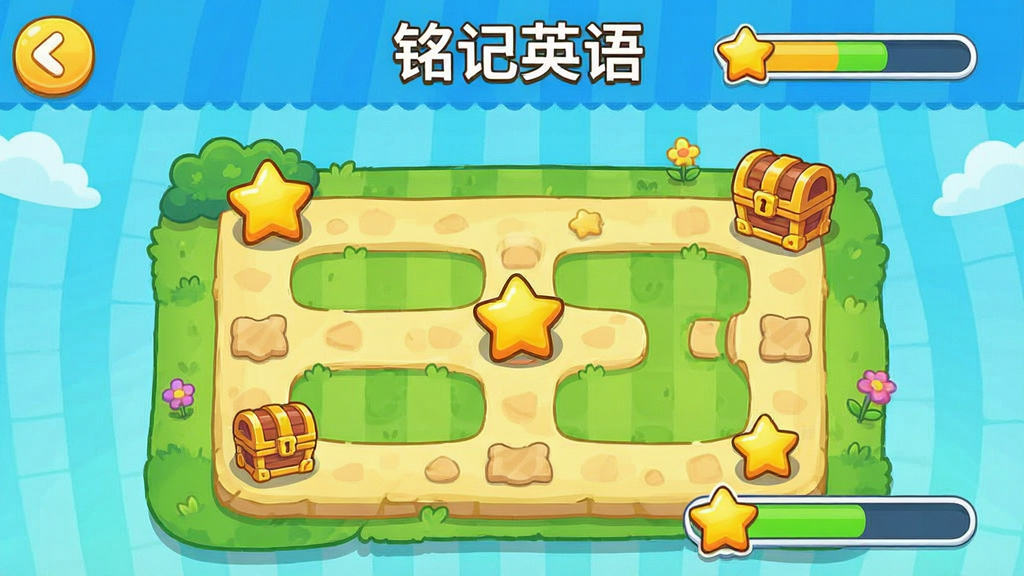 一张“铭记英语”趣味闯关界面的手机截图,画面显示游戏化的关卡地图,有星星、宝箱和进度条,风格卡通可爱,色彩明亮,细节清晰,画质干净,无多余元素