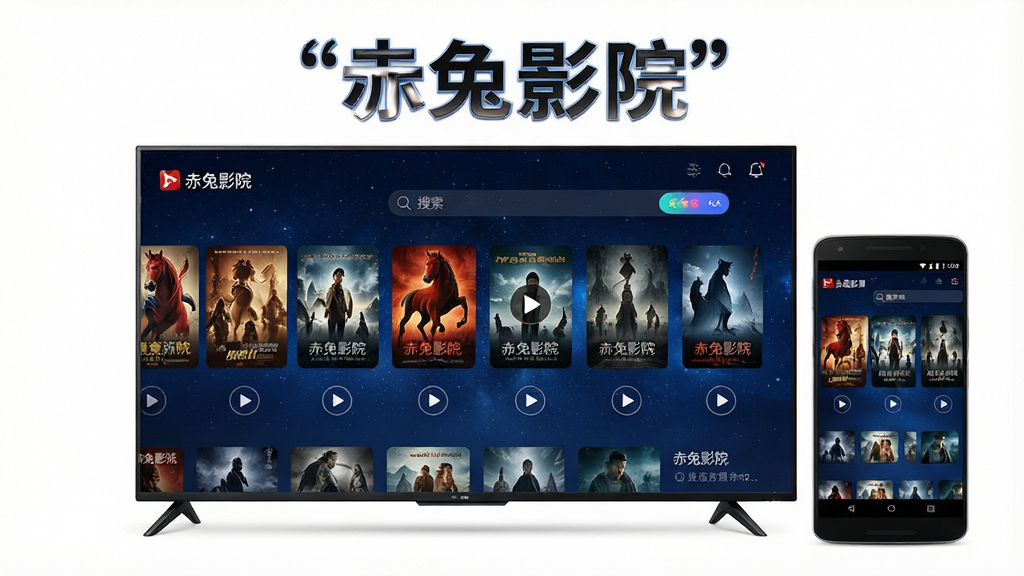 一张展示赤兔影院应用主界面的横版海报,画面中央是一台智能电视和一部安卓手机并排摆放,两台设备屏幕上都显示着赤兔影院的影视分类导航页面,背景是深蓝色渐变星空风格,主体突出,布局左右对称,排版干净整洁,风格为现代科技感UI展示图,细节包含影视海报缩略图、播放按钮图标和搜索框元素,画面中文字使用引号标注为“赤兔影院”,画质为高清4K,画面干净,无多余元素
