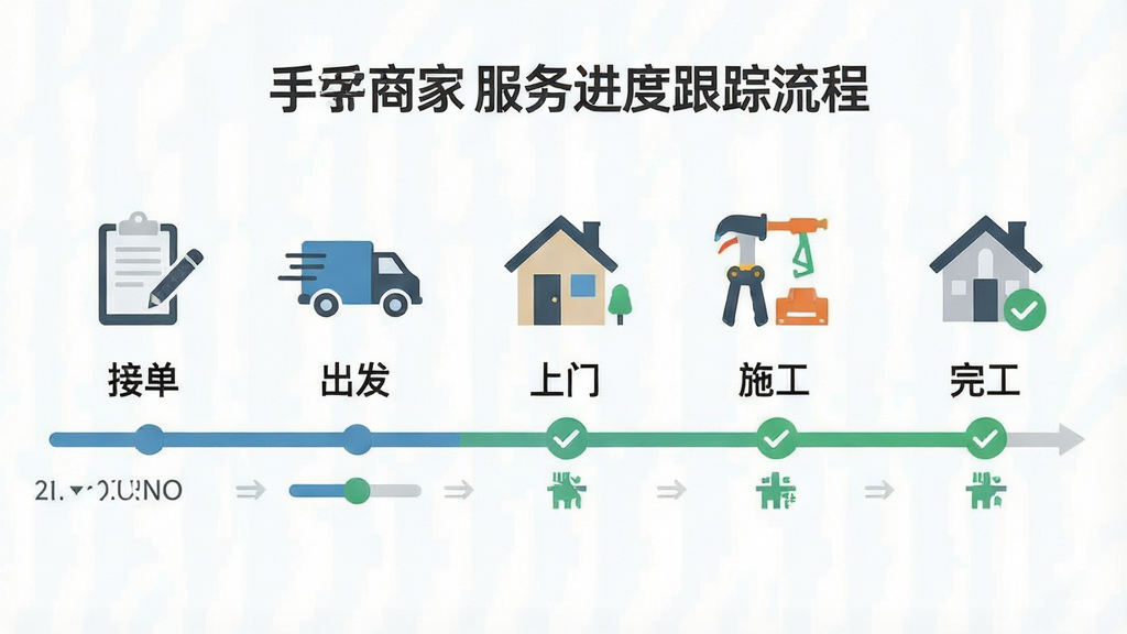 一张信息图表风格的插画,展示左右手商家端的服务进度跟踪流程,从左到右依次为“接单”“出发”“上门”“施工”“完工”五个图标,每个图标下方有简短文字说明,整体布局横向排列,风格扁平化商务,细节包括时间轴、进度条、对勾标记,画质清晰,干净,无多余元素