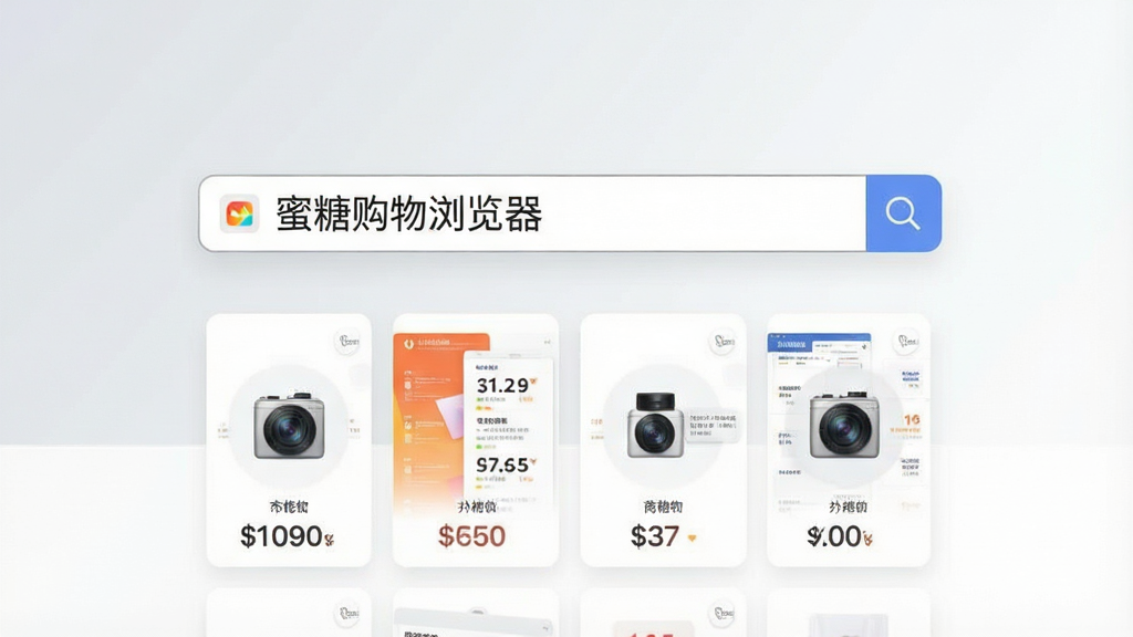 画面中央展示一个搜索框,搜索框内显示“蜜糖购物浏览器”文字,搜索框下方排列着商品价格对比卡片,背景为浅灰色与白色渐变,风格简约商务,排版清晰,细节干净,画质干净,无多余元素