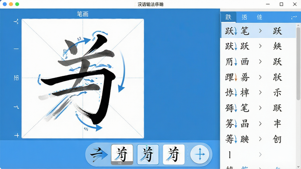 一张展示笔画笔顺跃进汉语输入法软件界面的全景图,画面中央是简洁的汉字笔画输入窗口,左侧显示田字格中正在书写的汉字笔画轨迹,右侧排列着候选汉字列表,窗口下方有笔顺提示动画,整体布局清晰有序,采用清爽的蓝白配色风格,细节上突出笔画顺序的箭头指引和汉字结构分解,画质高清,界面干净,无多余元素