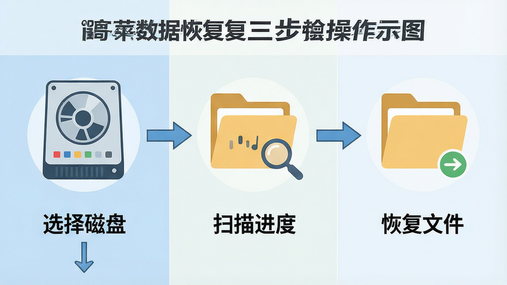 一张高苹数据恢复三步操作流程示意图,画面分为左中右三个区域,分别展示选择磁盘、扫描进度、恢复文件三个步骤,每个步骤配有简洁图标与文字说明,风格为扁平化插画,细节包含箭头引导线、磁盘图标、文件夹图标,画质高清,干净无多余元素