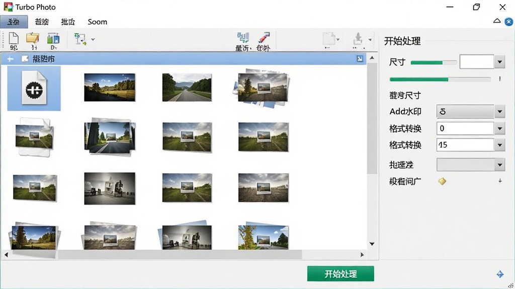 一张 Turbo Photo 批量处理功能的界面截图,画面中显示多个图片文件列表,右侧有批量调整尺寸、添加水印、格式转换等选项,底部有开始处理按钮,界面布局为列表加设置面板,风格为办公软件界面,细节包括文件缩略图、进度条、参数输入框,画质清晰干净,无多余元素