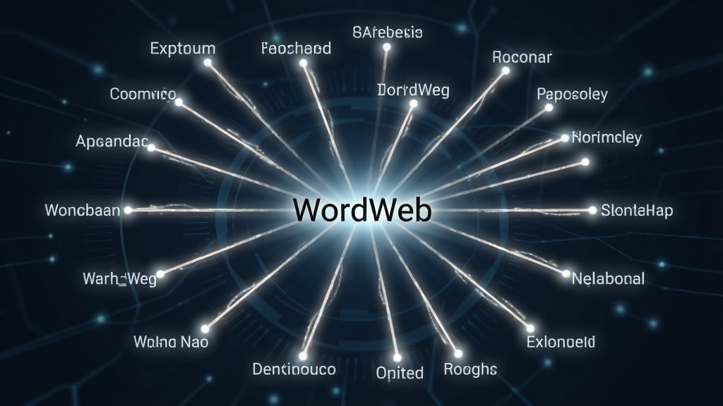 一张展示WordWeb同义词网络关系的概念图,主体是中心一个单词向外辐射出多个连线连接其他单词,布局为放射状,排版清晰,风格为简约商务风,细节包括连线带有发光效果,画质为高清,干净,无多余元素