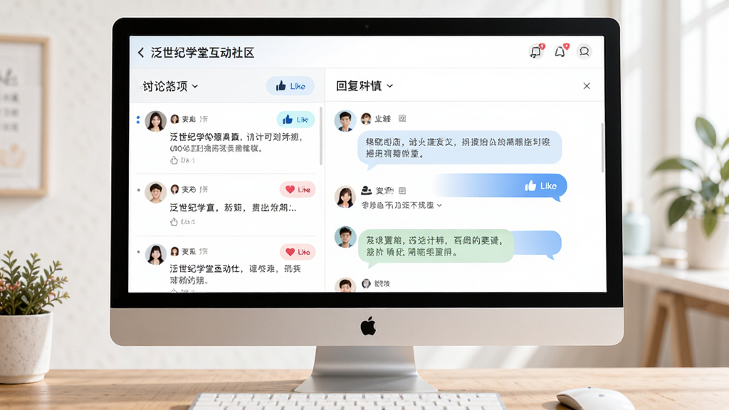 泛世纪学堂互动社区界面展示,主体为电脑屏幕中显示的讨论区页面,布局分为左侧帖子列表与右侧回复详情,排版清晰,风格为清新友好的社交风,细节包含用户头像、点赞按钮与文字气泡,画质高清,画面明亮,无多余元素