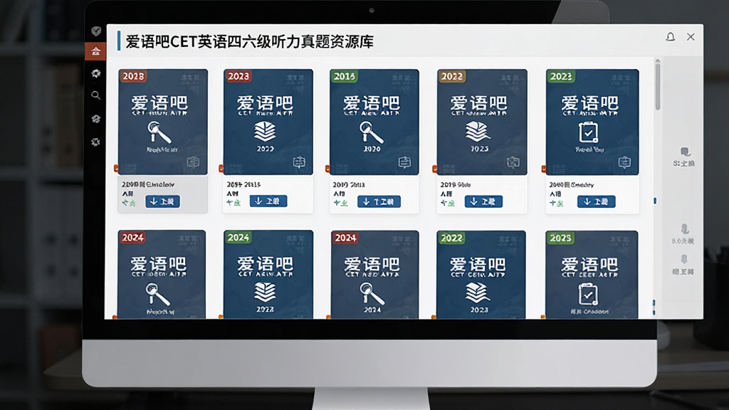 爱语吧CET英语四六级听力真题资源库界面,主体为电脑屏幕展示历年真题列表,布局为网格状排列的试卷封面,排版按年份和考试类型分类,风格整洁学术风,细节包括年份标签、题型图标、下载按钮,画质高清,干净,无多余元素