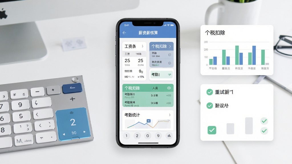 快算薪处理平台主界面展示,画面中央放置一部智能手机,屏幕显示薪资核算数据面板,包含工资条、个税扣除、考勤统计等模块,背景为简洁的办公室桌面环境,整体布局采用居中构图,风格为现代扁平化科技风,细节包括数字键盘、图表卡片、勾选标记等元素,画质清晰干净,无多余装饰元素