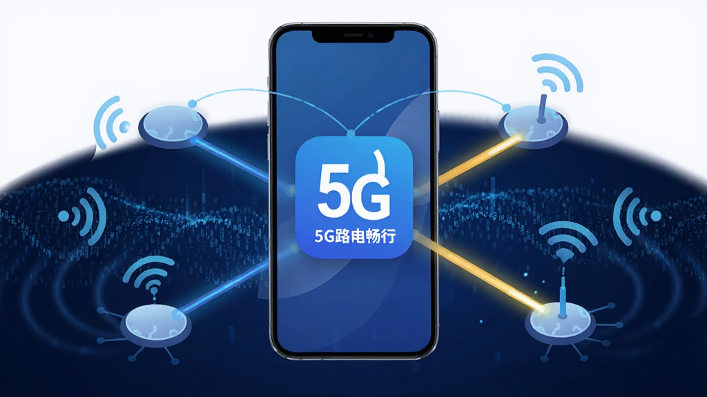 һ���Ƽ��в廭��չʾ5G·�ɳ�������·����ѡ���ܣ�����������һ���ֻ������Ŷ������ڵ㣬�ڵ�֮���÷����������ӣ�����һ����·��������עΪ����·��������������ɫ�������������źŲ��ƣ�����������5G·�ɳ��е�Ӧ��ͼ�꣬������ִ��������������ɾ��޶���Ԫ��
