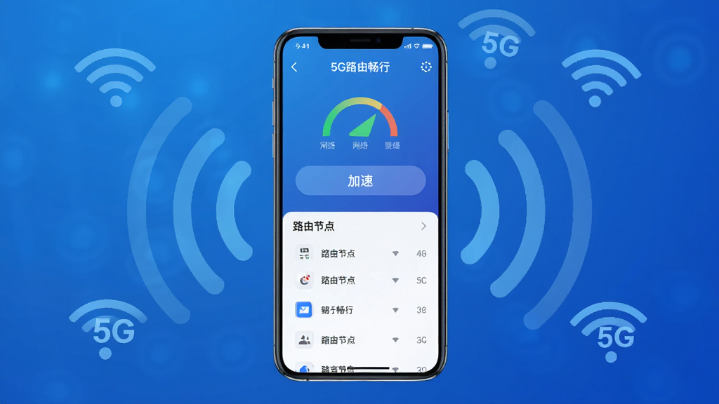 һ��չʾ5G·�ɳ��к��Ĺ��ܵ��ֻ�Ӧ�ý���ͼ������������һ�������ֻ�����Ļ����ʾ5G·�ɳ��������棬���������ź�ǿ��ָʾ�����ٰ�ť��·�ɽڵ��б�������Ϊ��ɫ�Ƽ��н��䣬��Χ������WiFi�źŲ��ƺ�5G����ͼ�꣬���������ִ��������������ɾ��޶���Ԫ��