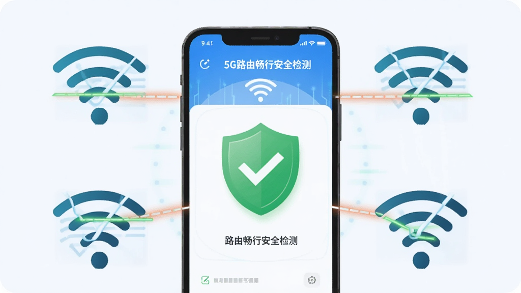 һ��չʾWiFi��ȫ��⹦�ܵĲ廭������������һ���ֻ���Ļ��ʾ5G·�ɳ��а�ȫ�����棬��������һ����ɫ�Ķ���ͼ��͹�ѡ��ǣ������ǹ������ϵ�WiFi�ź�ͼ�걻ɨ���߸��ǣ������Ƽ��У������������ɾ��޶���Ԫ��