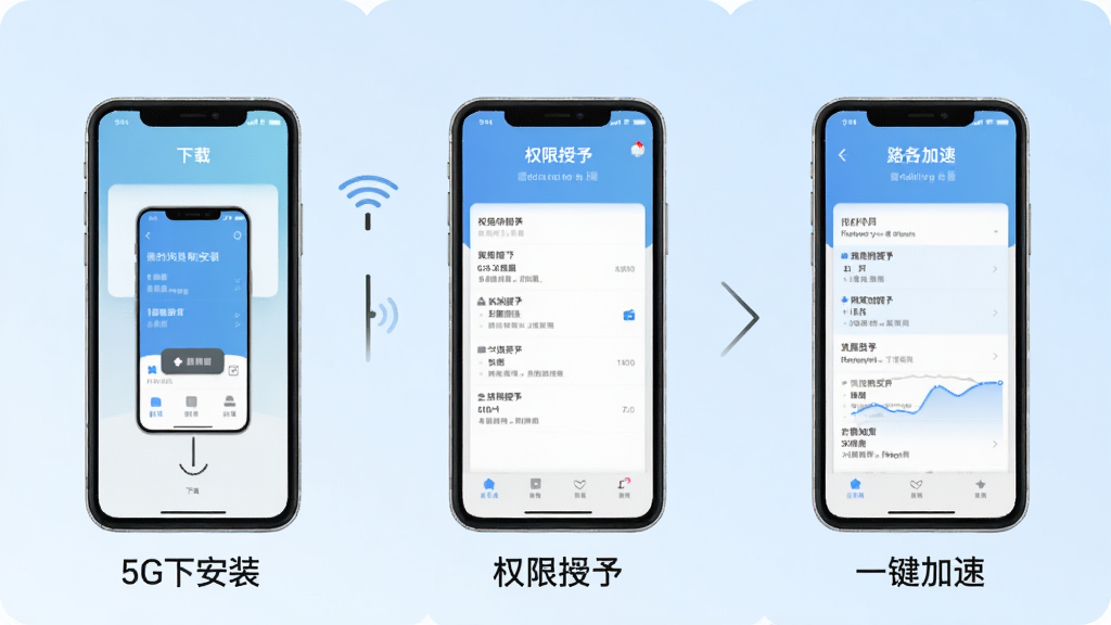 һ��չʾ5G·�ɳ������ֻ��˲������̵�ʾ��ͼ���������������չʾ���ذ�װ��Ȩ�����衢һ�������������裬ÿ���������ֻ���Ļ��ͼ�����֣�����������������Ϊǳ��ɫ���䣬����ƽ����ƣ������������ɾ��޶���Ԫ��
