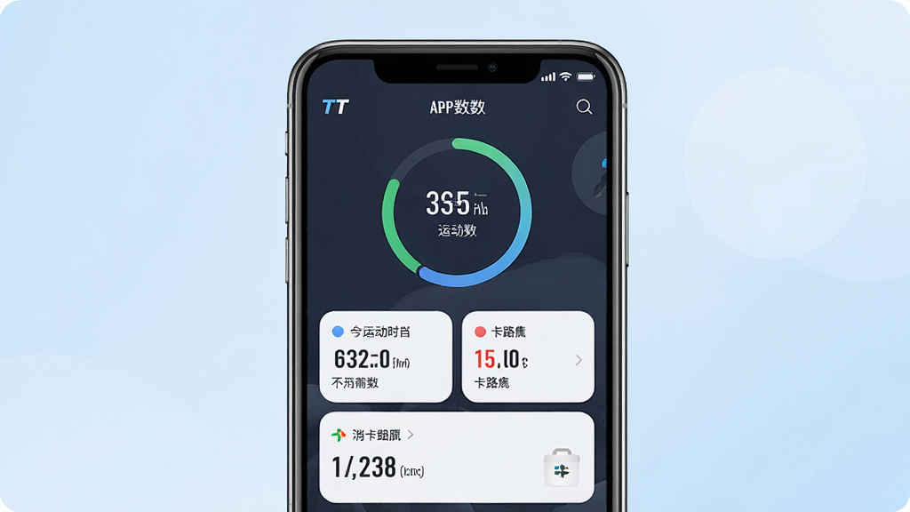 一张展示TT运动软件主界面的手机应用截图风格图片,画面中央是一部智能手机,屏幕显示TT运动APP的首页仪表盘,包含运动步数环形图、今日运动时长、消耗卡路里等数据卡片,背景为淡蓝色渐变,布局简洁清晰,风格现代扁平化,细节精致,画质高清干净,无多余元素