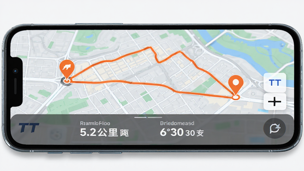 一张展示TT运动APP运动轨迹记录功能的手机截图风格图片,画面中手机屏幕显示一张城市地图,地图上有一条用橙色线条标注的跑步轨迹路线,起点和终点有标记图标,屏幕下方显示距离5.2公里、配速6分30秒等数据,背景简洁,风格现代科技感,画质高清干净,无多余元素