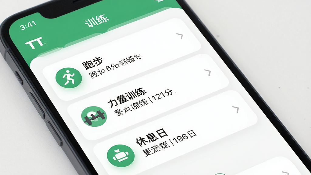 一张展示TT运动APP个性化训练计划功能的手机截图风格图片,画面中手机屏幕显示一周训练计划列表,包含跑步、力量训练、休息日等条目,每个条目配有图标和简要说明,界面配色为白色与绿色搭配,风格清新简约,画质高清干净,无多余元素