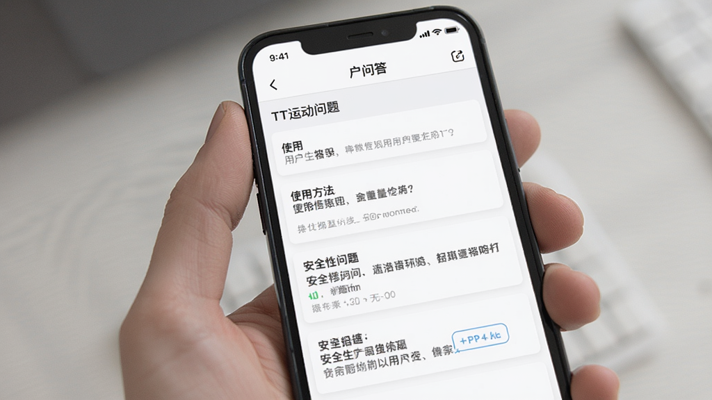 一张展示TT运动APP用户问答界面的手机截图风格图片,画面中手机屏幕显示常见问题解答列表,包含使用方法和安全性等问题条目,界面配色为白色与浅灰色搭配,风格简洁清晰,画质高清干净,无多余元素