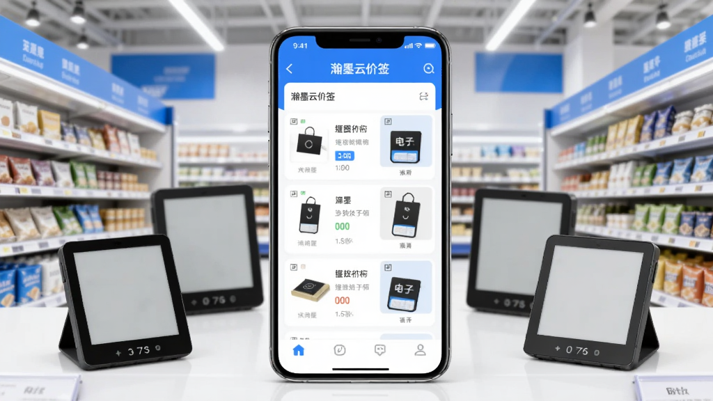 画面中央展示一部智能手机,手机屏幕内呈现“瀚墨云价签”应用界面,界面包含商品列表与电子价签预览卡片,手机周围环绕几个小型电子墨水屏价签设备,背景为整洁的现代超市货架,整体采用清新明亮的蓝白配色,扁平化UI风格,细节清晰,画质干净,无多余元素
