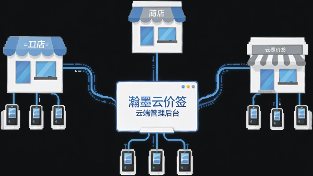 画面展示一个多门店管理示意图,中心是“瀚墨云价签”云端管理后台,周围连接三家不同门店的图标,每家门店下方有电子价签设备小图标,数据线条从中心向四周辐射,整体采用扁平化信息图风格,配色以蓝白灰为主,构图均衡,细节清晰,画质干净,无多余元素