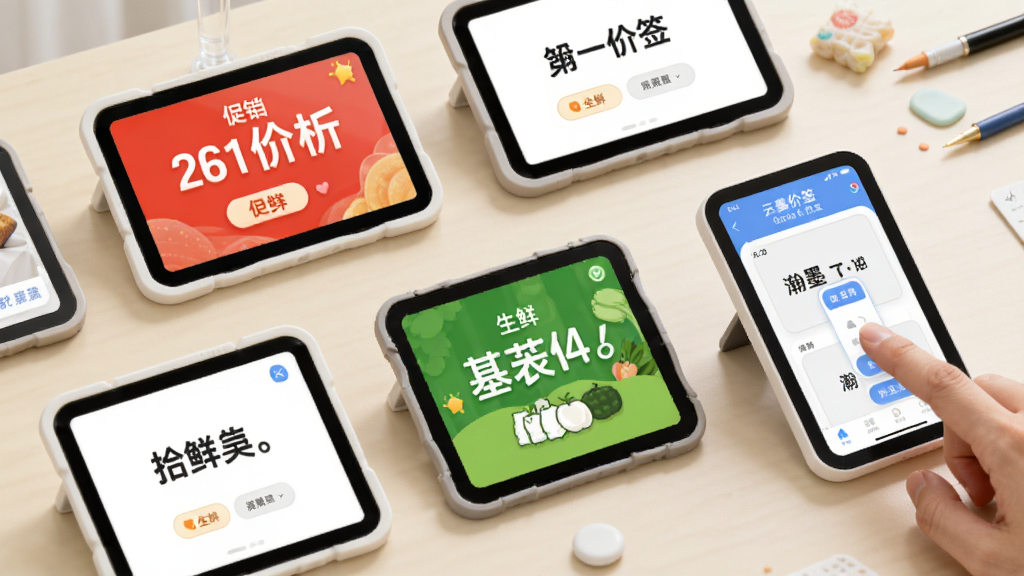 画面中展示多个不同样式的电子价签模板排列在浅色桌面上,每个价签屏幕显示不同排版,包括促销红底、简约白底、生鲜绿底等,画面右侧有一只手正在点击“瀚墨云价签”应用中的模板切换按钮,整体采用柔和圆角卡片风格,配色清新,细节精致,画质干净,无多余元素