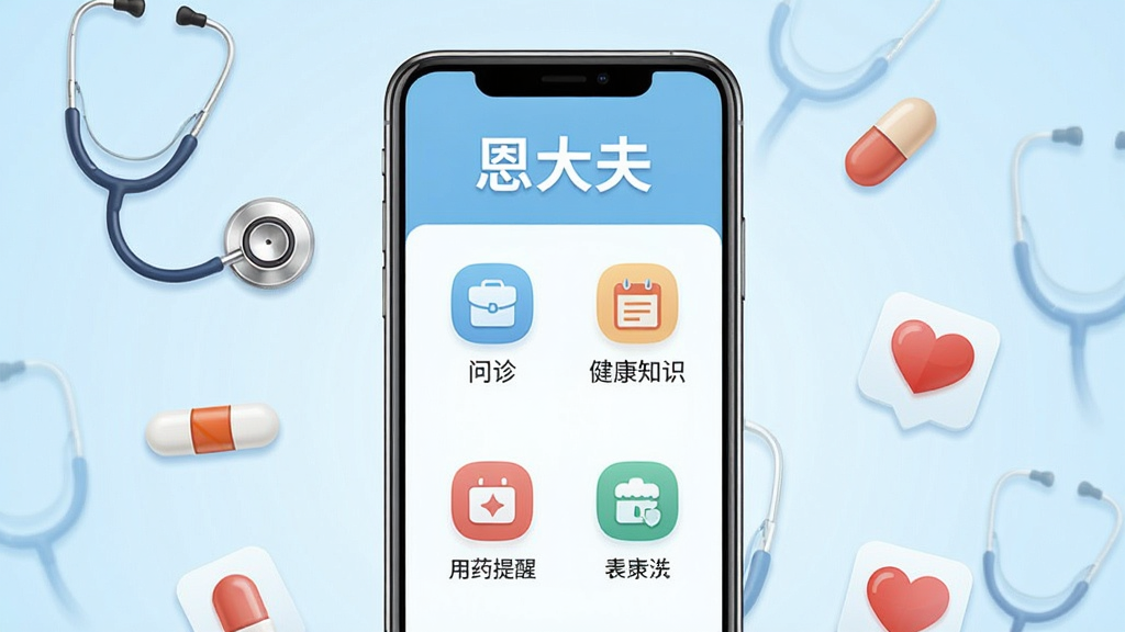 画面中央是一个简洁的智能手机界面,屏幕内展示健康咨询App首页,顶部有