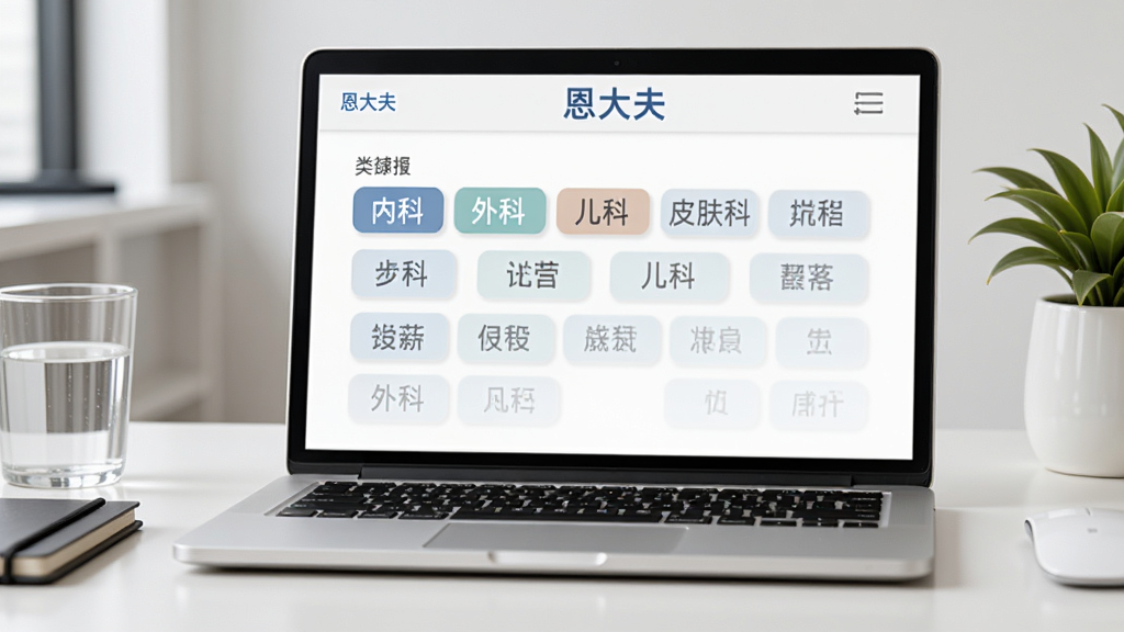 画面主体是一台打开的笔记本电脑,屏幕上显示健康问题分类检索页面,顶部标注
