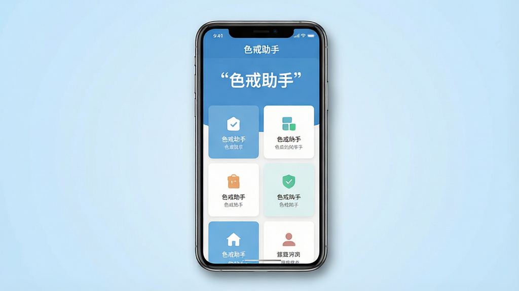 一张展示色戒助手手机应用主界面的场景图,画面中央是一部竖屏智能手机,屏幕内显示色戒助手应用的首页布局,包含顶部标题栏和中部功能卡片区域,背景为浅蓝色渐变,整体布局简洁清晰,风格为扁平化UI设计,细节上手机边缘有轻微阴影,屏幕内文字使用引号标注“色戒助手”,画质高清,画面干净,无多余元素
