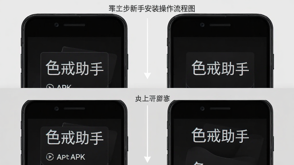 色戒助手新手安装操作流程图,画面以手机屏幕截图形式分步骤展示安装过程,从点击APK文件到完成安装共四个步骤,每个步骤配有简短文字说明,背景为浅灰色,布局为纵向排列,风格为教程图解风,细节上手机边框为黑色,屏幕内文字标注“色戒助手”,画质高清,画面干净,无多余元素