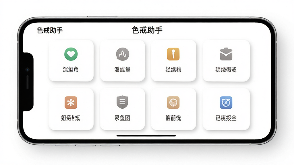 色戒助手功能布局展示图,画面为一部横放的手机,屏幕内展示色戒助手的网格状功能卡片布局,每张卡片上有图标和简短文字说明,背景为白色,布局规整有序,风格为现代简约,细节上卡片带有轻微圆角和淡灰色阴影,屏幕内文字标注“色戒助手”,画质高清,画面干净,无多余元素