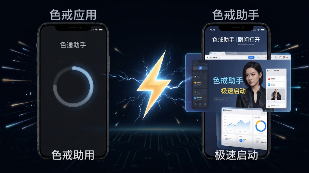 色戒助手应用启动速度对比示意图,画面左侧展示普通应用加载时的转圈等待状态,右侧展示色戒助手瞬间打开主界面的流畅状态,中间用闪电符号连接,背景为深色科技风格,布局左右对称,细节上加入速度线条和光效,屏幕中文字标注“色戒助手”和“极速启动”,画质高清,画面干净,无多余元素