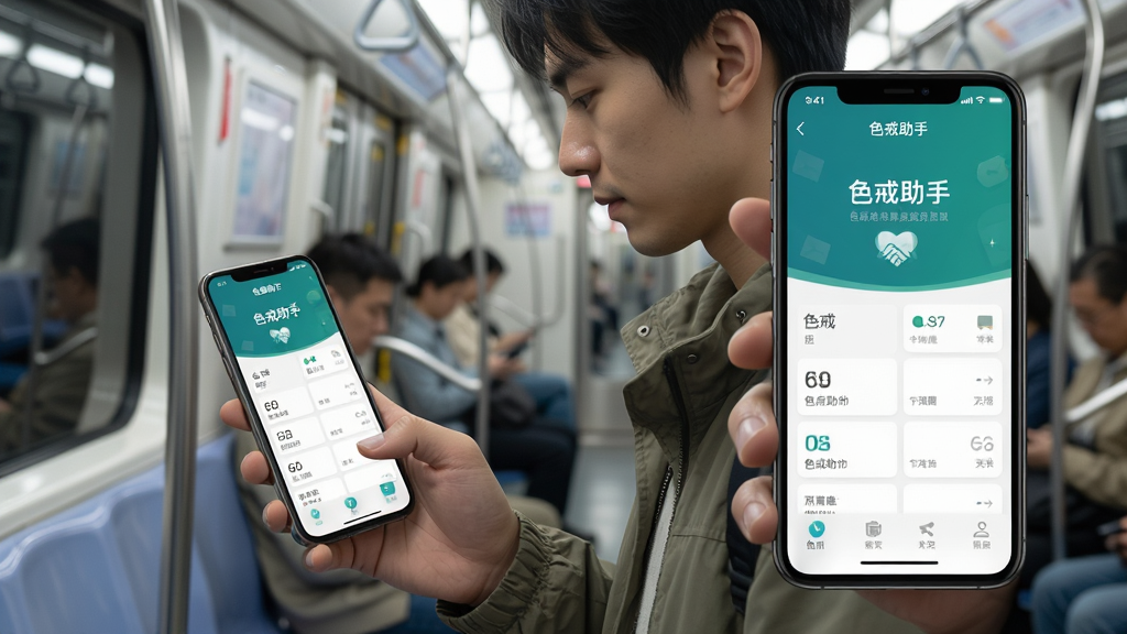 色戒助手离线使用场景图,画面展示一名用户在地铁车厢内手持手机使用色戒助手,手机屏幕显示应用界面,背景为地铁车厢内部环境,布局为人物半身特写加手机屏幕特写,风格为写实生活风,细节上手机屏幕内容清晰可见,标注“色戒助手”,画质高清,画面干净,无多余元素