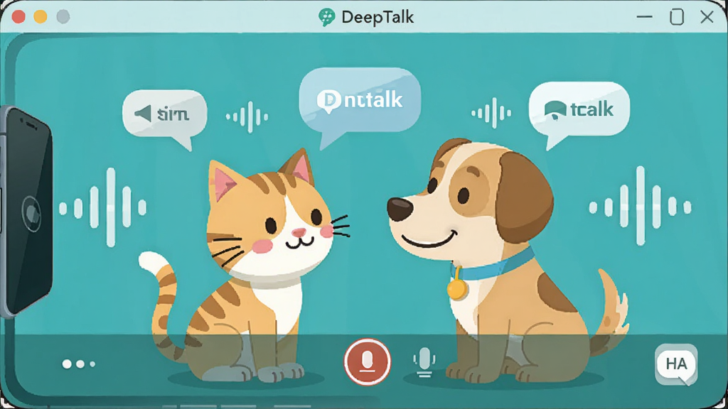 动物翻译器DeepTalk软件主界面,中心位置展示一只卡通猫咪和狗狗面对面交流的温馨场景,周围环绕声波图标和翻译气泡,布局居中对称,排版清晰简洁,风格为扁平化卡通插画,细节包含手机屏幕、录音按钮、语言切换图标,画质高清,干净,无多余元素